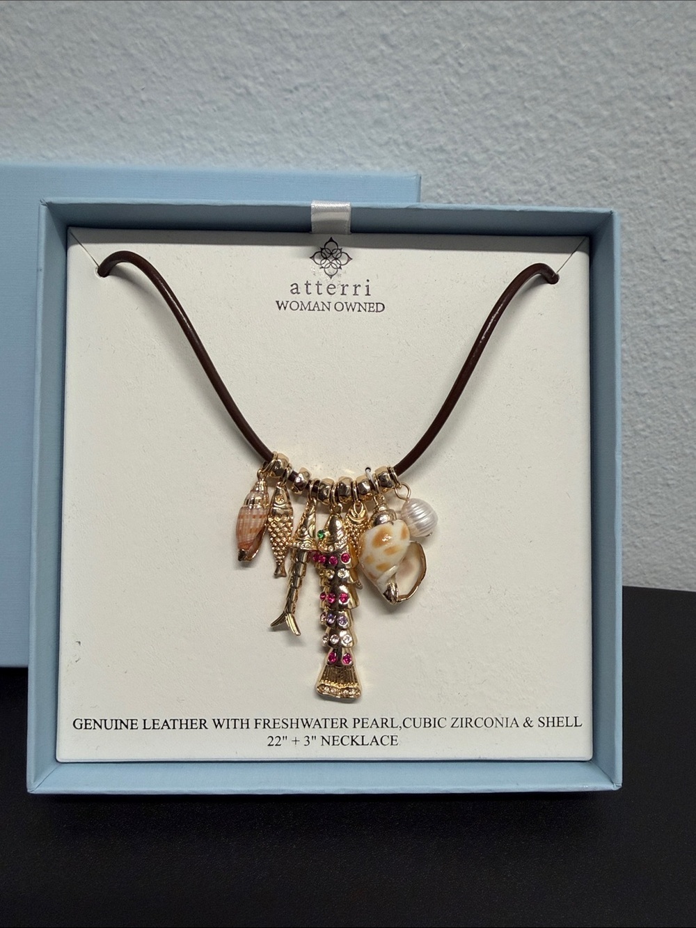 Atterri | Coastal Chic Leather Freshwater Pearl Shell Ocean Motif Charm Necklace